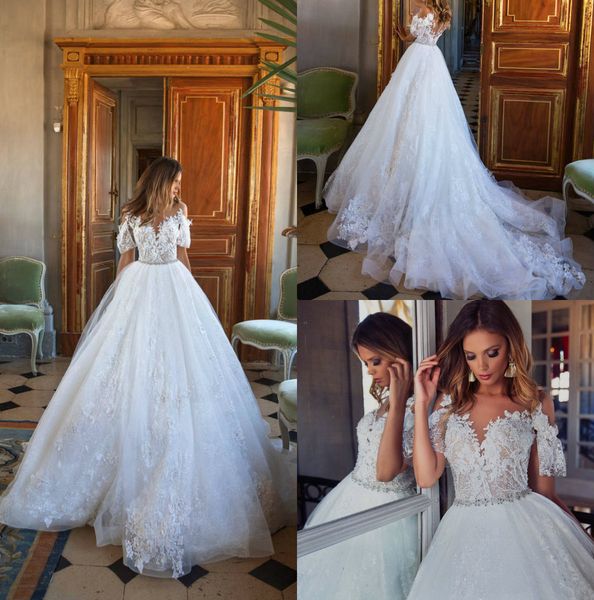 milla nova lace a line wedding dresses sheer neck appliqued short sleeve wedding gowns sweep train lace bridal gowns custom made, White
milla nova lace a line wedding dresses sheer neck appliqued short sleeve wedding gowns sweep train lace bridal gowns custom made, White