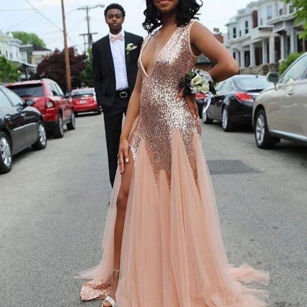 2019 africa deep v neck sequined tulle mermaid prom dresses sleeveless high side split long evening gowns custom made, Black
2019 africa deep v neck sequined tulle mermaid prom dresses sleeveless high side split long evening gowns custom made, Black