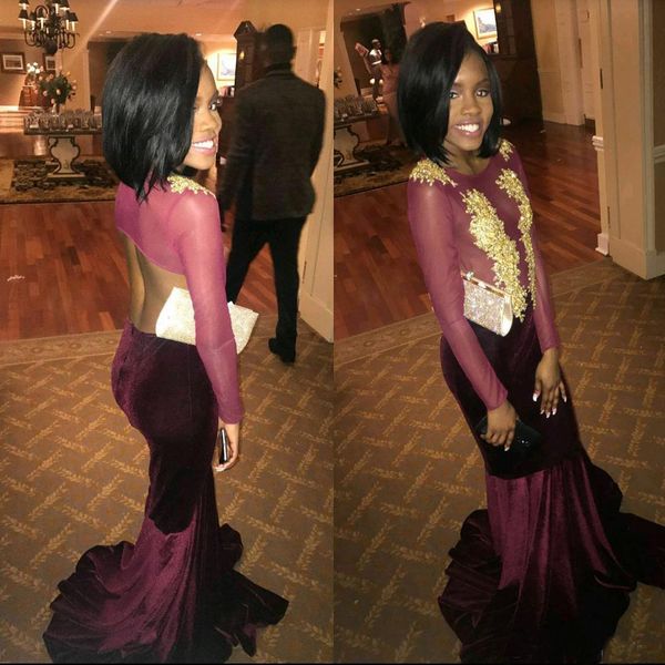 Long Sleeves 2018 Prom Dresses Velvet Sheer Crew Jewel Neck Sweep Train Burgundy Evening Gowns With Gold Lace Applique Party Wear Gowns
Long Sleeves 2018 Prom Dresses Velvet Sheer Crew Jewel Neck Sweep Train Burgundy Evening Gowns With Gold Lace Applique Party Wear Gowns