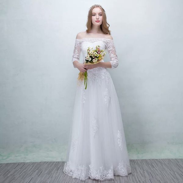 off shoulder tulle a line wedding dress 2019 lace appliques modern bridal gowns 3/4 sleeves, White
off shoulder tulle a line wedding dress 2019 lace appliques modern bridal gowns 3/4 sleeves, White