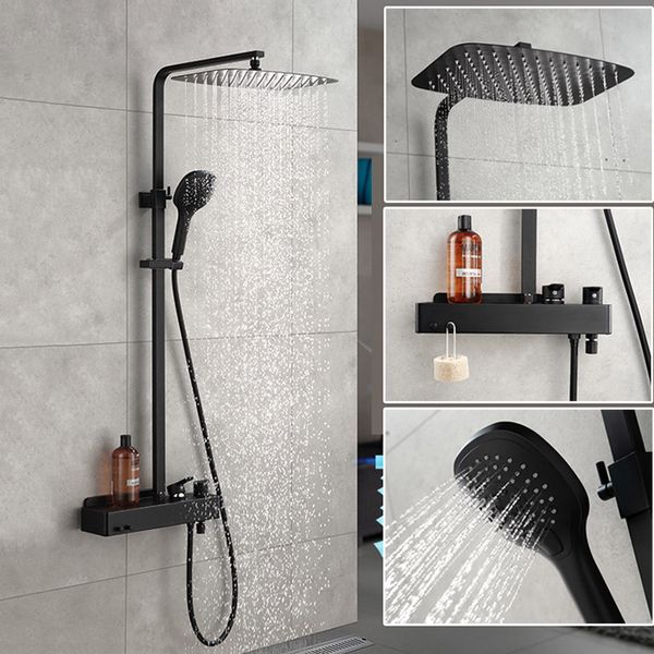 

matt black bathroom rain shower set system wall mounted mixer bath shower faucet with hook and placement platform