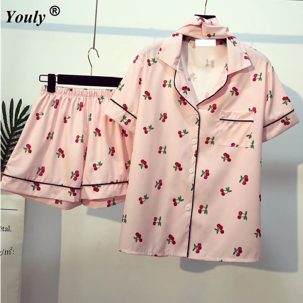 women turndown collar lovely pajamas 2018 sleepwear short sleeve cherry printed tipping shirt shorts pajama set 3 pieces, Blue;gray
women turndown collar lovely pajamas 2018 sleepwear short sleeve cherry printed tipping shirt shorts pajama set 3 pieces, Blue;gray