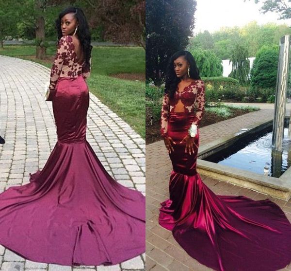 2018 dark red sheer neck burgundy mermaid evening dresses lace applique long sleeves court train formal evening party wear prom dresses, Black;red
2018 dark red sheer neck burgundy mermaid evening dresses lace applique long sleeves court train formal evening party wear prom dresses, Black;red