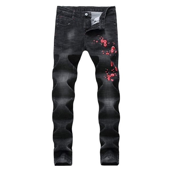 jeans men 2018 spring black jeans joggers embroideried flowers vintage style mid waist straight full length, Blue
jeans men 2018 spring black jeans joggers embroideried flowers vintage style mid waist straight full length, Blue
