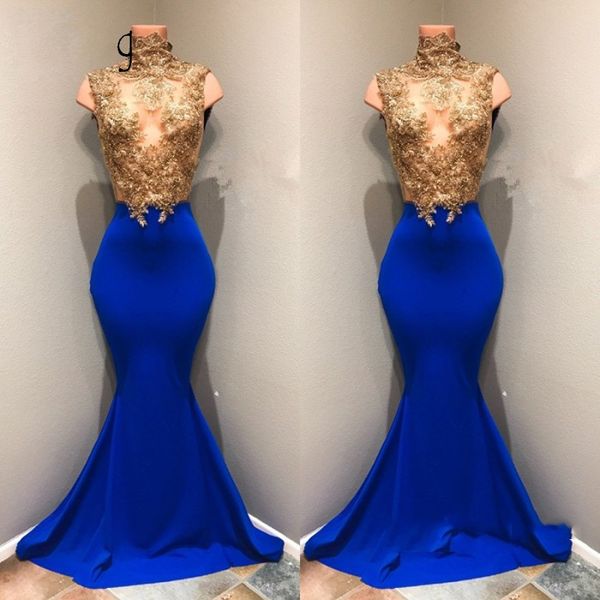 2018 royal blue mermaid prom dresses gold lace appliques high neck long prom gowns sleeveless formal party dress vestido de festa, Black
2018 royal blue mermaid prom dresses gold lace appliques high neck long prom gowns sleeveless formal party dress vestido de festa, Black