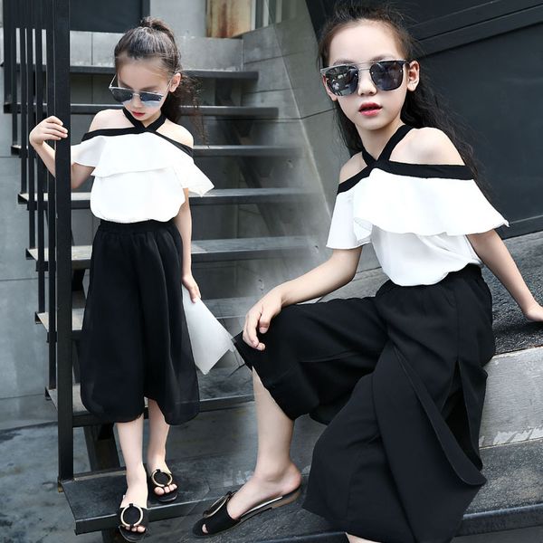 new arrival fashion style summer girls slothing set princess strapless t-shirt + wide pant 2pcs/set 4-13 years, White 
new arrival fashion style summer girls slothing set princess strapless t-shirt + wide pant 2pcs/set 4-13 years, White