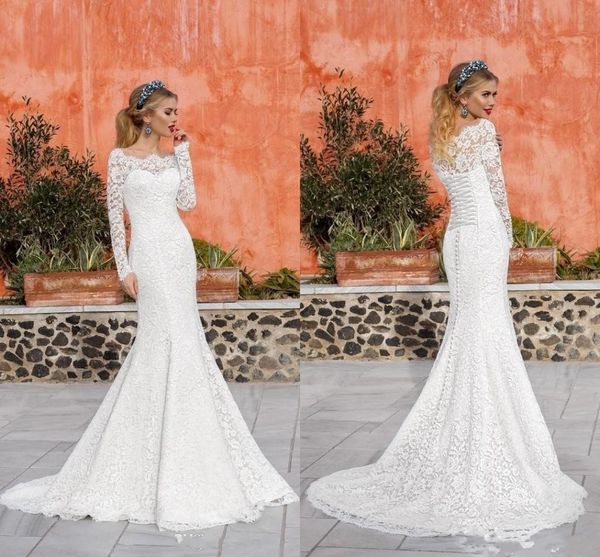 2018 Vintage Elegant Sheer Bateau Neck Full Lace Wedding Dresses Long Sleeves Lace-up Back Sweep Train Bridal Gowns Custom Made, White
2018 Vintage Elegant Sheer Bateau Neck Full Lace Wedding Dresses Long Sleeves Lace-up Back Sweep Train Bridal Gowns Custom Made, White