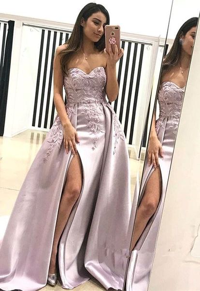 2018 sweetheart satin mermaid long prom dresses lace applique beaded ruched split floor length evening gowns ba9853, Black
2018 sweetheart satin mermaid long prom dresses lace applique beaded ruched split floor length evening gowns ba9853, Black