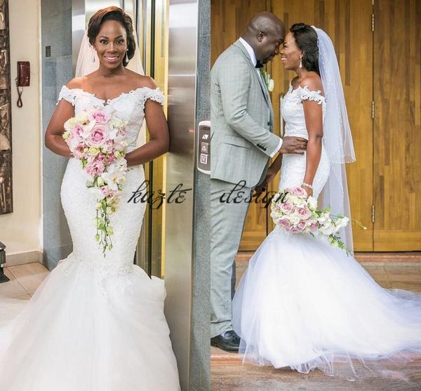 2018 nigerian african new mermaid wedding dresses off shoulder lace applique backless sweep train wedding bridal gowns custom made, White 
2018 nigerian african new mermaid wedding dresses off shoulder lace applique backless sweep train wedding bridal gowns custom made, White