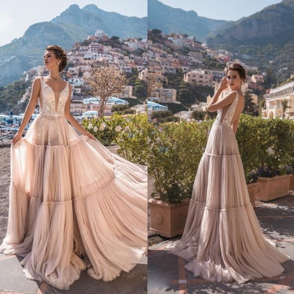 la petra 2019 beach wedding dresses sheer deep v neck backless lace appliqued bridal gowns tulle a line wedding dress, White
la petra 2019 beach wedding dresses sheer deep v neck backless lace appliqued bridal gowns tulle a line wedding dress, White