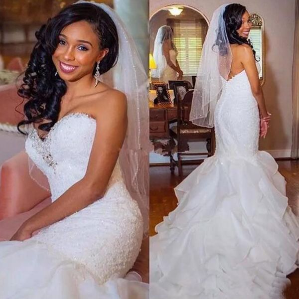 gorgeous plus size mermaid wedding dresses sweetheart sleeveless beads crystals lace appliques ruffles zipper up bridal gowns sweep train, White
gorgeous plus size mermaid wedding dresses sweetheart sleeveless beads crystals lace appliques ruffles zipper up bridal gowns sweep train, White