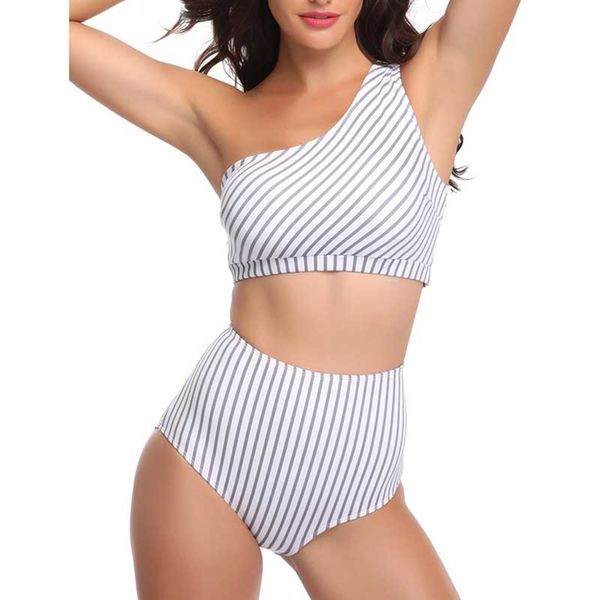 women swimwear striped women bikinis set one shoulder bandage pushed up paded high waist bikinis swimsuits, White;black
women swimwear striped women bikinis set one shoulder bandage pushed up paded high waist bikinis swimsuits, White;black