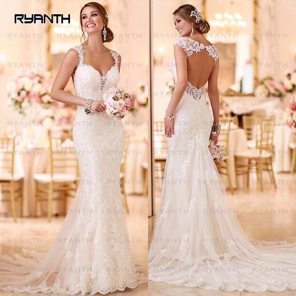 

Sexy Open Back Lace Mermaid Wedding Dresses 2018 New Arrival 100% Real Photo Bride Dress Beach Long Train Wedding Gowns