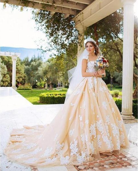 champagne gorgeous wedding dresses sheer neck backless sweep train appliques chapel garden castle bridal gowns vestido de novia, White
champagne gorgeous wedding dresses sheer neck backless sweep train appliques chapel garden castle bridal gowns vestido de novia, White