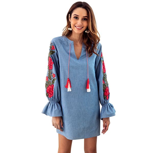 women dress designer autumn denim blue drawstring v-neck embroidery lantern long-sleeved loose dress female shirt, Black;gray
women dress designer autumn denim blue drawstring v-neck embroidery lantern long-sleeved loose dress female shirt, Black;gray