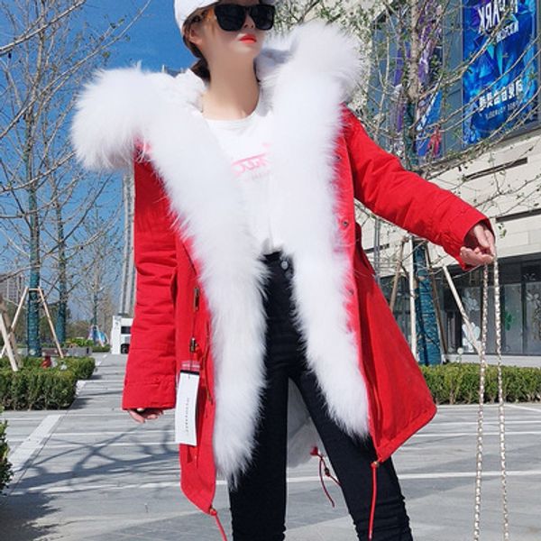 white raccoon fur trim fur tassel threshold maomaokong brand female warm coats white fox and rabbit fur lining red long parkas, Black
white raccoon fur trim fur tassel threshold maomaokong brand female warm coats white fox and rabbit fur lining red long parkas, Black