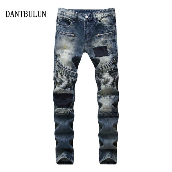 

dant bulun men's pleated biker jeans slim fit multi zipper motocycle denim pants for male straight washed trousers, Blue