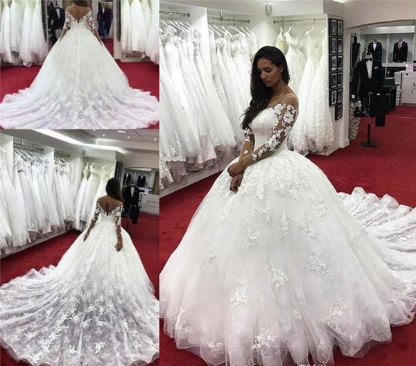 lace ball gown wedding dresses with sheer neckline illusion long sleeves appliques count train open back bridal dress, White
lace ball gown wedding dresses with sheer neckline illusion long sleeves appliques count train open back bridal dress, White