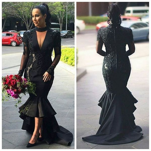 high low mermaid black evening dresses hollow deep v neck long appliques short front long back party dress custom made, Black;red
high low mermaid black evening dresses hollow deep v neck long appliques short front long back party dress custom made, Black;red