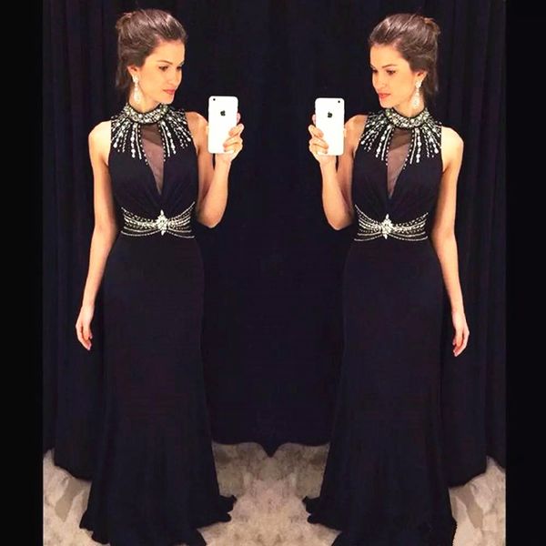 high neck black evening dresses sleeveless crystals beadings chiffono floor length long prom gowns fashion special occassion dress, Black;red
high neck black evening dresses sleeveless crystals beadings chiffono floor length long prom gowns fashion special occassion dress, Black;red