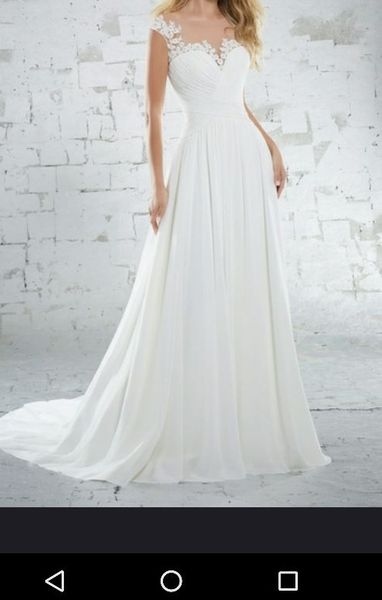 chiffon wedding dress with sweetheart bodice applique beading illusion neckline cap sleeves pleated sweep train lace up bridal gowns, White
chiffon wedding dress with sweetheart bodice applique beading illusion neckline cap sleeves pleated sweep train lace up bridal gowns, White
