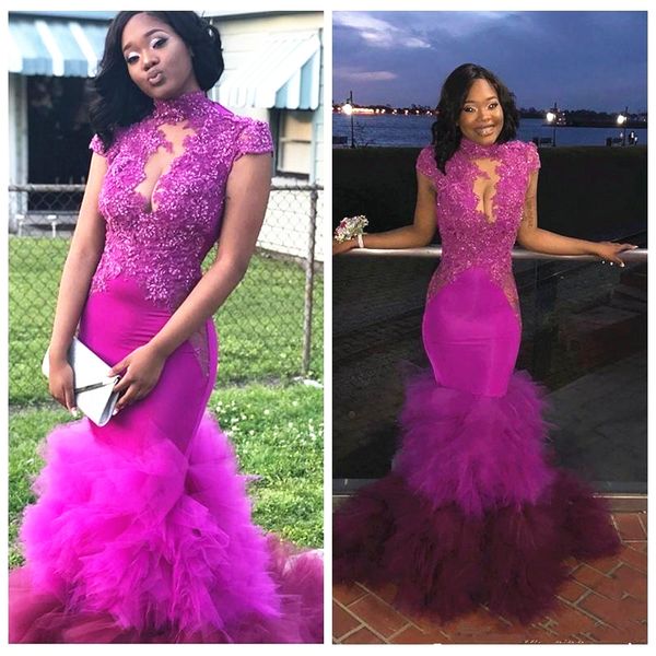 mermaid fuchsia prom dresses high neck cap sleeve beaded appliques lace ruffles tulle fashion evening dress party gown custom plus size, Black
mermaid fuchsia prom dresses high neck cap sleeve beaded appliques lace ruffles tulle fashion evening dress party gown custom plus size, Black