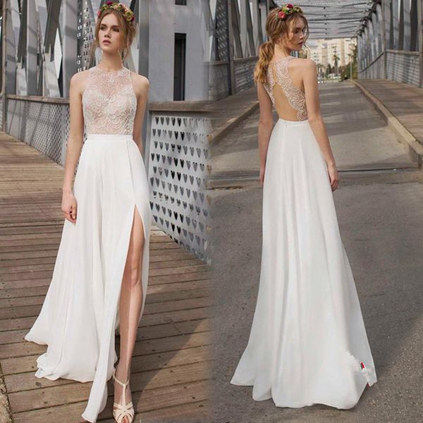 simple see through floor length chiffon wedding dresses jewel open back slit beach garden lace bridal gowns summer robe de mariée, White
simple see through floor length chiffon wedding dresses jewel open back slit beach garden lace bridal gowns summer robe de mariée, White