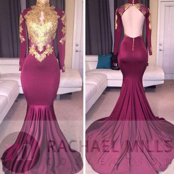 2018 african burgundy party gowns long sleeve gold lace applique beaded mermaid prom dresses high neck backless court train prom dress, Black
2018 african burgundy party gowns long sleeve gold lace applique beaded mermaid prom dresses high neck backless court train prom dress, Black