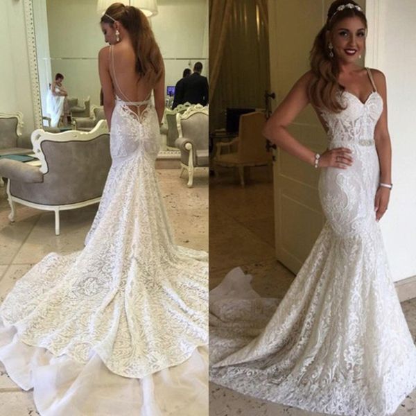 mermaid spaghetti straps backless lace bridal gown beaded court train open back wedding dresses custom made, White
mermaid spaghetti straps backless lace bridal gown beaded court train open back wedding dresses custom made, White