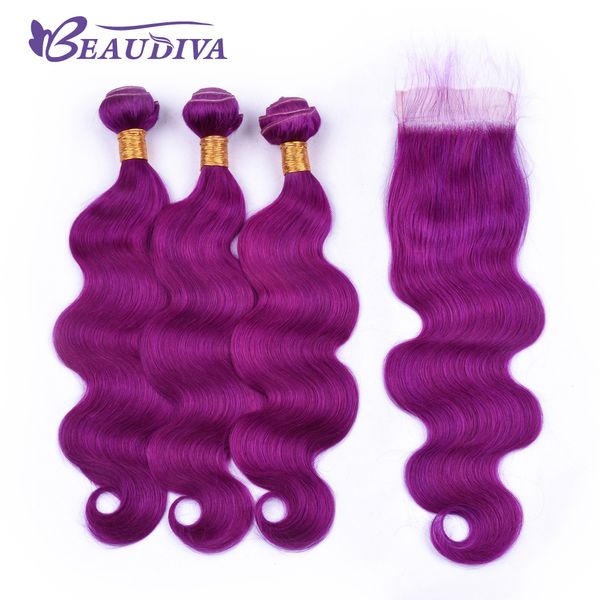 

beau diva pre colored purple hair bundles with lace closure body wave remy brazilian human hair bundles with closure, Black;brown
