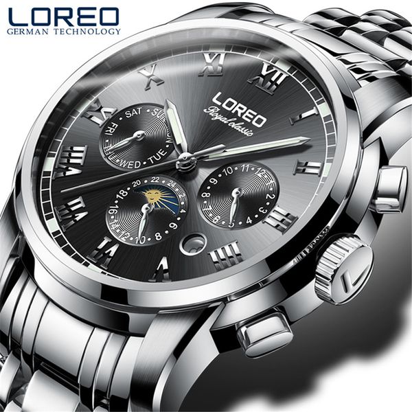 

loreo men automatic mechanical watch fashion brand sapphire luminous casual sports 50m waterproof watches relogio, Slivery;brown