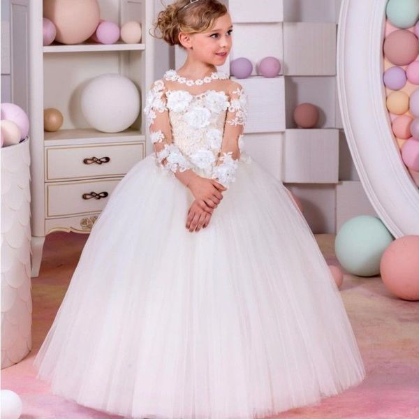 

Princess White Lace Flower Girl Dresses 2017 New Sheer Long Sleeves First Communion Birthday Party Dresses Girls Pageant Dress For Weddings