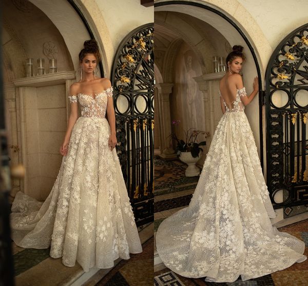 2019 berta ivory full lace wedding dresses off shoulders short sleeve a line long sweep train low back 3d floral appliqued bridal gowns, White
2019 berta ivory full lace wedding dresses off shoulders short sleeve a line long sweep train low back 3d floral appliqued bridal gowns, White