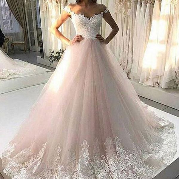 2019 spring blush pink tulle a-line wedding dresses v neck off the shoulder lace appliques bridal gowns sweep train, White
2019 spring blush pink tulle a-line wedding dresses v neck off the shoulder lace appliques bridal gowns sweep train, White