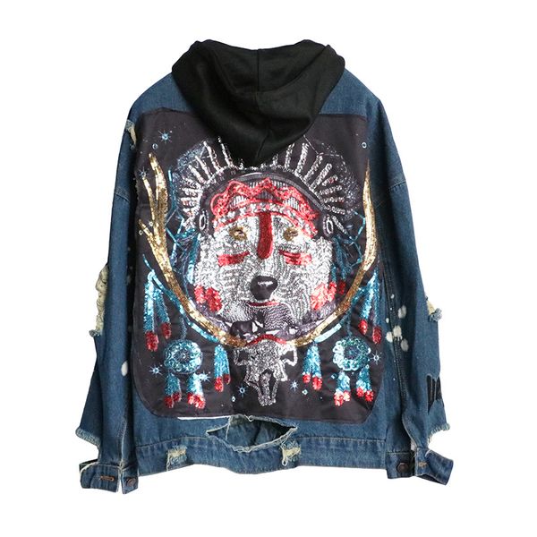 2018 autumn new tide brand back sequins wolf head hole sweater hooded denim jacket female loose street, Black;brown
2018 autumn new tide brand back sequins wolf head hole sweater hooded denim jacket female loose street, Black;brown