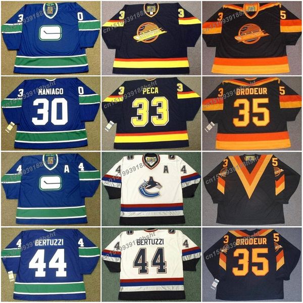 30 cesare maniago 33 michael peca 35 richard brodeur 44 todd bertuzzi vancouver canucks 1970's ccm vintage hockey jersey, Black;red
30 cesare maniago 33 michael peca 35 richard brodeur 44 todd bertuzzi vancouver canucks 1970's ccm vintage hockey jersey, Black;red