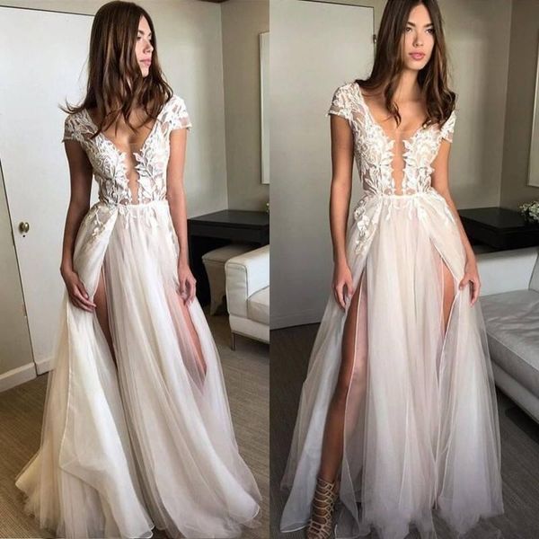 ivory cap sleeves a line beach wedding dresses open back lace high split long bridal gowns, White
ivory cap sleeves a line beach wedding dresses open back lace high split long bridal gowns, White