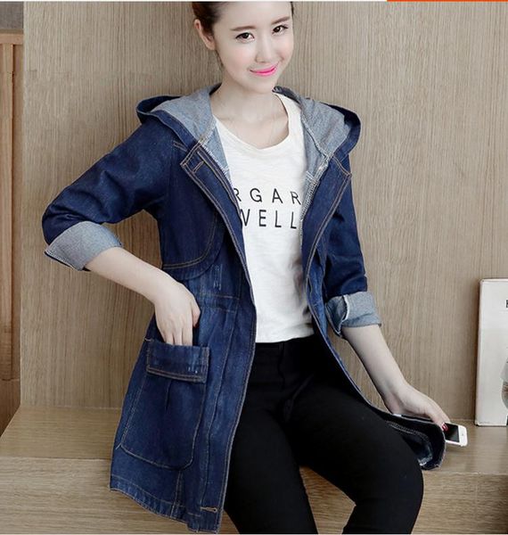 medium length denim coat 2018 women's new style korean cultivate one's moral character long sleeve hooded windbreak, Tan;black
medium length denim coat 2018 women's new style korean cultivate one's moral character long sleeve hooded windbreak, Tan;black