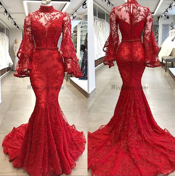 modest mermaid lace evening dresses beaded sheer high neck long sleeves prom gowns sweep train plus size formal dress, Black;red
modest mermaid lace evening dresses beaded sheer high neck long sleeves prom gowns sweep train plus size formal dress, Black;red