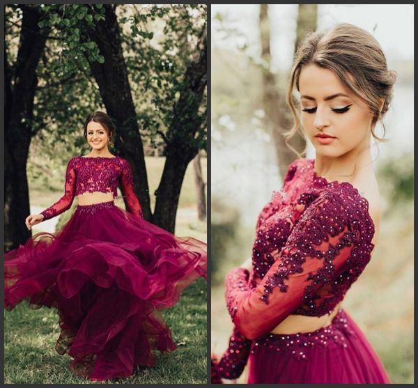 2018 new gorgeous two piece prom dresses bateau neck long sleeves appliques beaded tulle floor length burgundy backless party dresses, Black
2018 new gorgeous two piece prom dresses bateau neck long sleeves appliques beaded tulle floor length burgundy backless party dresses, Black