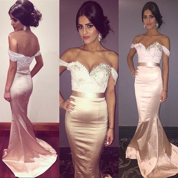 2017 off the shoulder lace satin mermaid bridesmaid dresses long crystal pearls sequins prom gowns sweep train evening dresses formal, Black
2017 off the shoulder lace satin mermaid bridesmaid dresses long crystal pearls sequins prom gowns sweep train evening dresses formal, Black