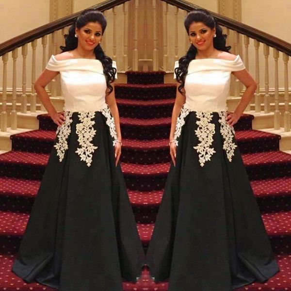 saudi arabic black white prom dresses off the shoulder lace appliques evening gowns satin a line formal party dress custom made
saudi arabic black white prom dresses off the shoulder lace appliques evening gowns satin a line formal party dress custom made
