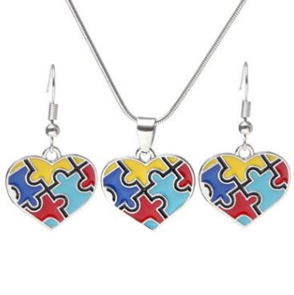 Autism Awareness Puzzle Jigsaw Jewelry Set Colorful Fashion Square Diamond Charm Necklace Earring Set Bracelet Jewelry Cca9197 100pcs