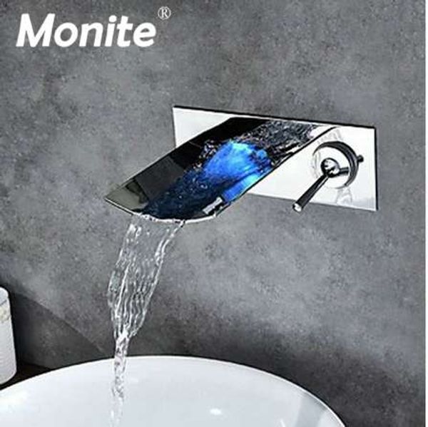 LED Wall Mounted Waterfall Polished Bathroom Faucet Light Vanity Vessel Sinks Mixer Tap Chrome Brass Cold And Hot Water Tap