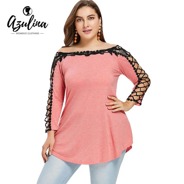 

azulina plus size laice cut tunic t-shirt women t shirts summer fall slash neck long sleeve lace t shirt big size clothes, White