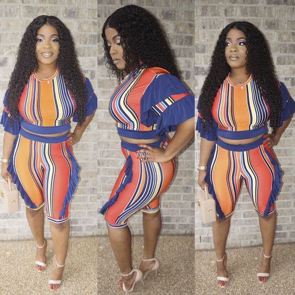 women's ruffle striped two piece set short sleeve round neck and short pants set j5014, White
women's ruffle striped two piece set short sleeve round neck and short pants set j5014, White