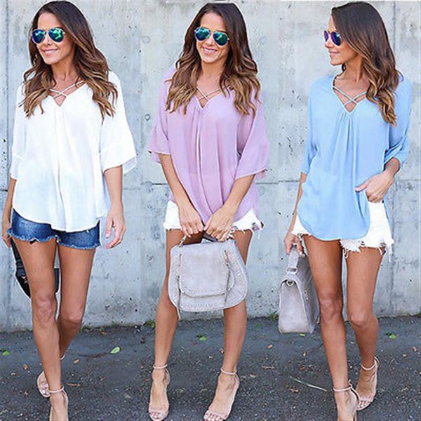 women's blouses & shirts women blouse chiffon half sleeve ladies v-neck casual loose shirt with three colors, White
women's blouses & shirts women blouse chiffon half sleeve ladies v-neck casual loose shirt with three colors, White