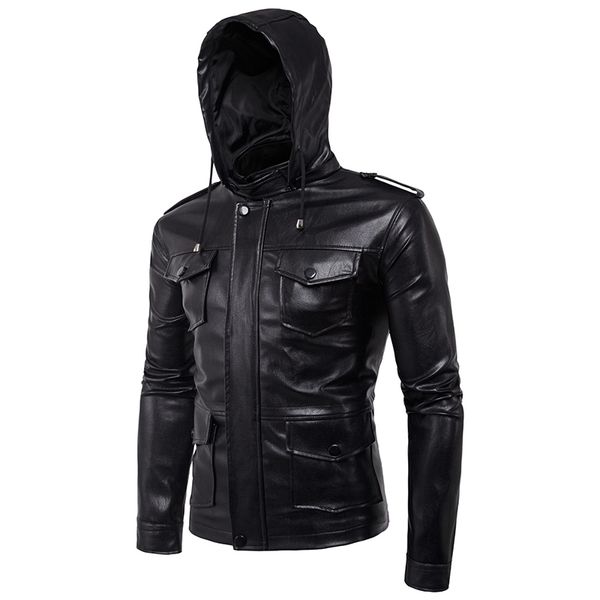 

wholesale-hooded slim autumn men pu leather jacket good quality multi pocket windbreak biker men faux leather casual motorcycle jackets, Black;brown