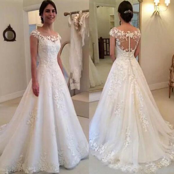 illusion back cap sleeve wedding dress sheer see through bridal dresses with lace appliques covered buttons vestido de novias, White
illusion back cap sleeve wedding dress sheer see through bridal dresses with lace appliques covered buttons vestido de novias, White