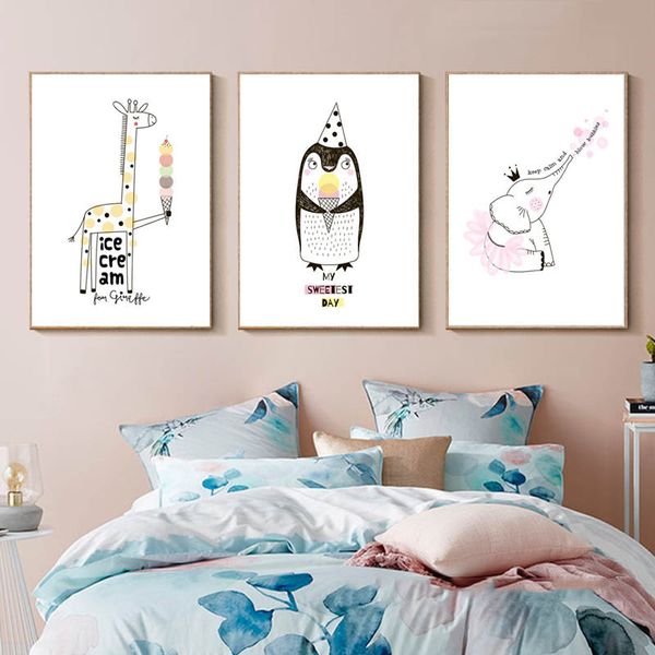 

modern color painting cartoon ice cream giraffe pink elephant poster nordic wall pictures room nursery decor art printing canvas
